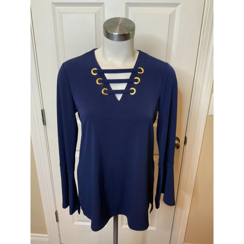 Michael Kors Navy Blue Lace-Up Gold Grommet Flare Sleeve Top, Size Small